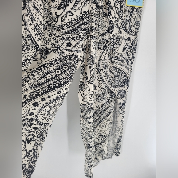 CeCe Women's Overlap Tie Front Wide Leg Soft Pants Ivory Black Size M New - Picture 3 of 7